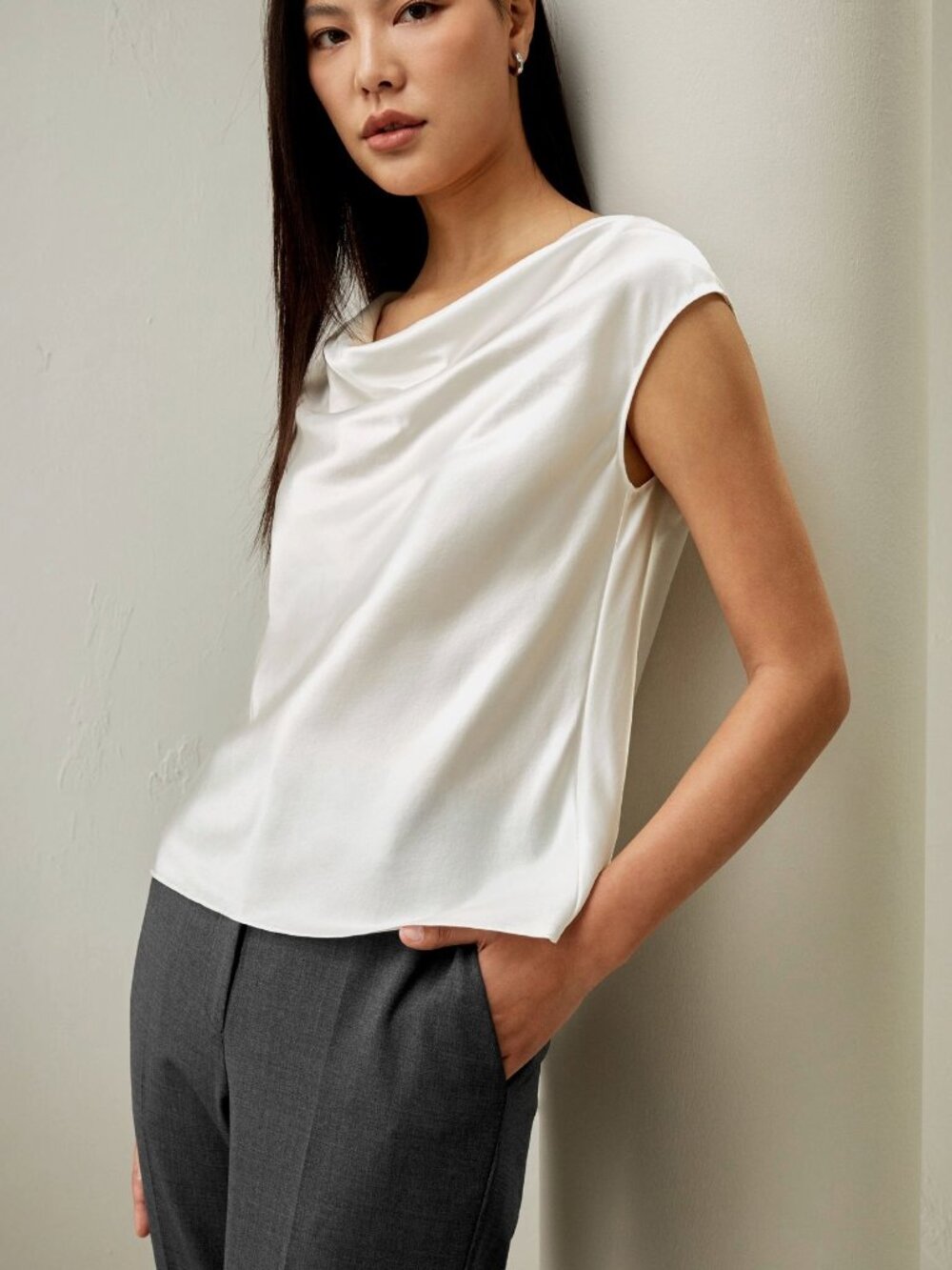 Lilysilk Ivory Satin Drape Neck Top NWT